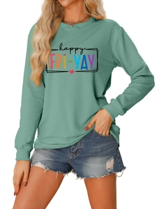 Detail of happy FRI-YAY colorful print on mint green long sleeve crewneck sweatshirt