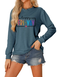 Detail shot of happy FRI-YAY colorful print and soft cotton fabric on blue crewneck sweatshirt