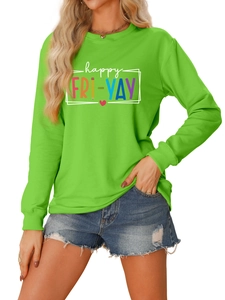 Detail of happy FRI-YAY colorful print on grass green crewneck sweatshirt fabric