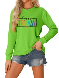 Detail of happy FRI-YAY lettering and heart prints on bright green crewneck sweatshirt