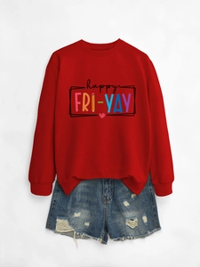Detail of red crewneck sweatshirt with Happy Fri-Yay print and distressed denim shorts