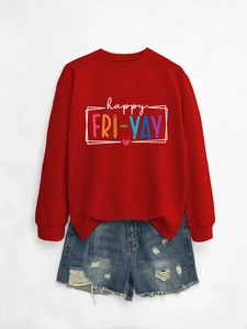 Close-up of a red crewneck sweatshirt with happy FRI-YAY print and blue denim shorts