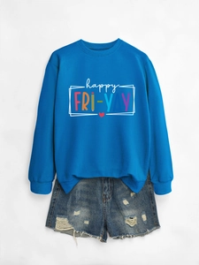 Flat lay of royal blue happy fri-yay sweatshirt with distressed denim shorts set