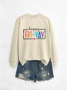 Flat lay of cream crewneck sweatshirt featuring a colorful Happy Fri-Yay graphic print