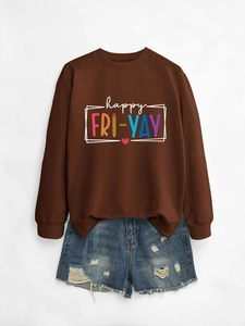 Detailed flat lay of happy fri yay printed crewneck sweatshirt with casual denim shorts