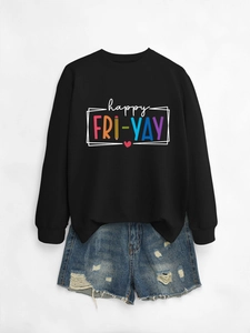 Flat lay of black happy FRI-YAY crewneck sweatshirt with blue distressed denim shorts