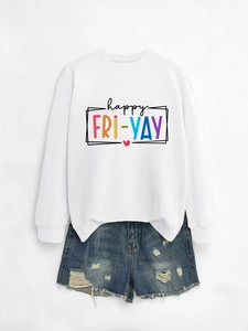 Flat lay of white sweatshirt with happy fri-yay print and frayed denim shorts