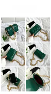 Green quilted crossbody bag with gold chain and phone size comparison view