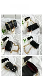 Detailed views of black quilted leather crossbody bag with chunky gold chain and red lining