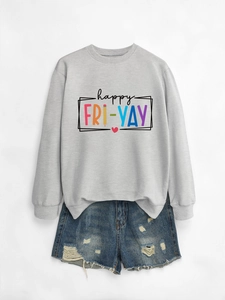 Flat lay of gray happy fri-yay sweatshirt with distressed blue denim shorts set