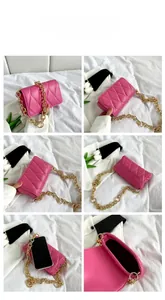 Detail view of pink quilted handbag with gold chain strap and smartphone for size scale