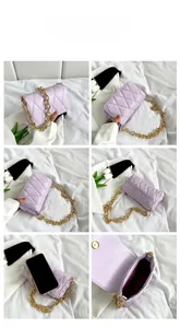 Detail of light purple quilted handbag with gold chain strap and magnetic flap closure