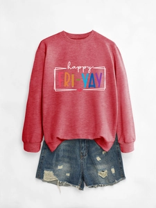 Detail of Happy Friday print on red sweatshirt and distressed denim shorts texture