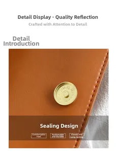 Macro detail of brown leather bag featuring a golden magnetic closure and neat stitching