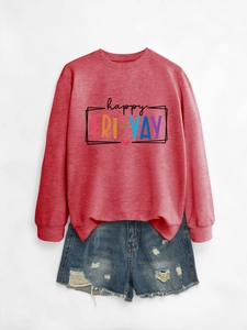 Close-up of Happy Friday print on red long sleeve sweatshirt with denim shorts