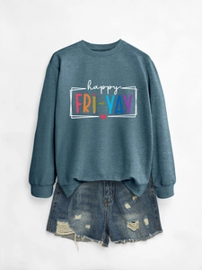 Flat lay of blue happy fri-yay sweatshirt and distressed denim shorts for teens