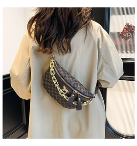Close-up of retro saddle chest bag with monogram canvas and gold chain detailing