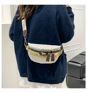 Detail of beige monogram saddle bag with gold horsebit buckle and chunky chain strap