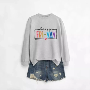 Grey happy fri-yay sweatshirt with denim shorts outfit set for casual wear