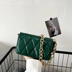 Women PU Leather Quilted Small Square Bag Wave Pattern Gold Chain Shoulder Crossbody Handbag Solid Color Fashion