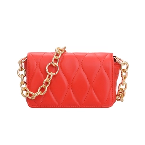 Chic red quilted leather crossbody bag with premium gold chain strap on white background