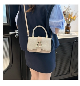 Model wearing a champagne glitter crossbody bag with gold metal buckle decoration