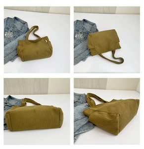 Multi-angle view of green corduroy tote bag showing spacious capacity and texture