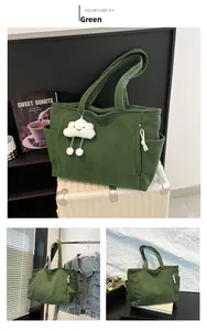 Detail of green corduroy tote bag with cloud charm shown in various lifestyle settings