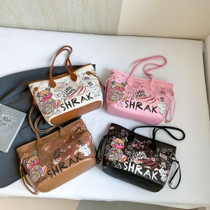 Cute large capacity graffiti tote bags in four colors with cartoon prints and dual handles
