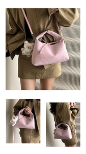 Detailed views of pink crossbody bag with a cute white plush bear pendant and strap