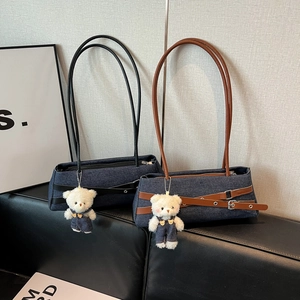 Retro denim baguette shoulder bags with leather straps and cute plush bear pendants