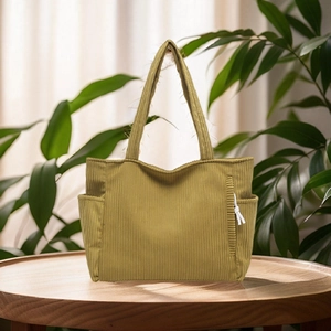 Women Large Capacity Corduroy Tote Bag Retro Striped Commuter Shoulder Bag Fashion Handbag With Cute Cloud Plush Pendant