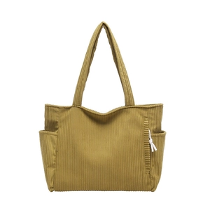 Large capacity mustard yellow corduroy tote bag for women with side pockets and knot detail