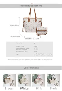 Detailed size chart and material specs for the cartoon tote bag and pouch set