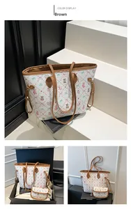 Detail view of large tote and small matching pouch with cartoon bear print