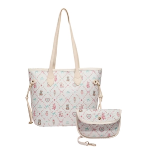Cute white tote bag with cartoon animal prints and matching mini crossbody pouch set
