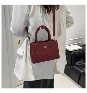Model wearing wine red woven crossbody bag with gold logo and stylish handle