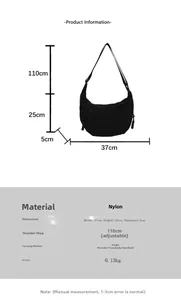 Detailed size chart and dimensions of the black nylon crescent crossbody bag in centimeters