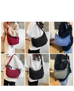 Collage of four crescent nylon bags in red black blue and olive green with adjustable straps