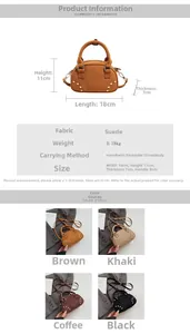 Detailed size guide and four color options for the suede crossbody bag with dimensions
