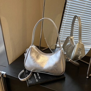 Women's Trendy Hobo Bag Chic Underarm Shoulder Bag Minimalist Synthetic Leather Crossbody Purse Glossy Wrinkled Texture Handbag