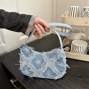 Women Denim Star Pattern Crossbody Bag Frayed Edges Shoulder Underarm Bag Y2K Retro Checkerboard Design Fashion Handbag