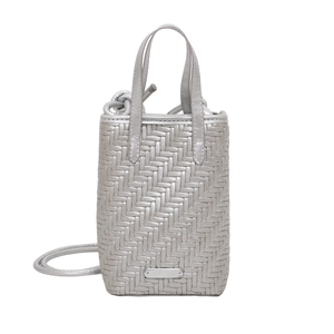 Silver woven crossbody phone bag with top handle and metallic texture on white background