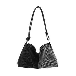 Sparkling rhinestone tote bag with chic black and silver color-block design and shoulder straps