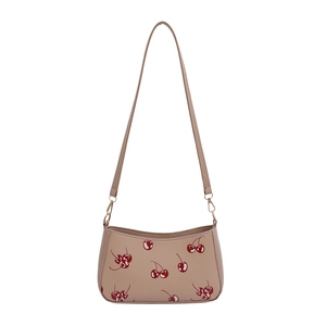 Sac bandoulière beige chic avec imprimé cerises et bandoulière réglable en cuir PU