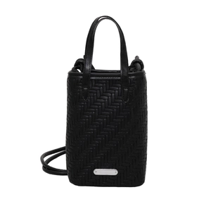Chic black woven crossbody bag with dual handles and silver metal detail on white background