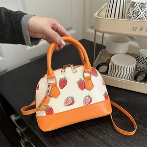 Women Strawberry Print Crossbody Bag PU Leather Shell Handbag Contrast Color Shoulder Purse Sweet Dome Shape Daily Carry