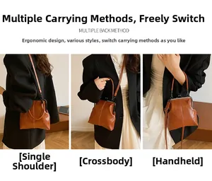 Brown retro shell handbag showing three styling options: shoulder, crossbody, and handheld