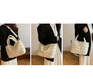 Silver quilted tote bag shown in shoulder, crossbody, and handbag styles in three views