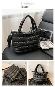 Detail of glossy black quilted tote bag showing shiny nylon texture and padded structure